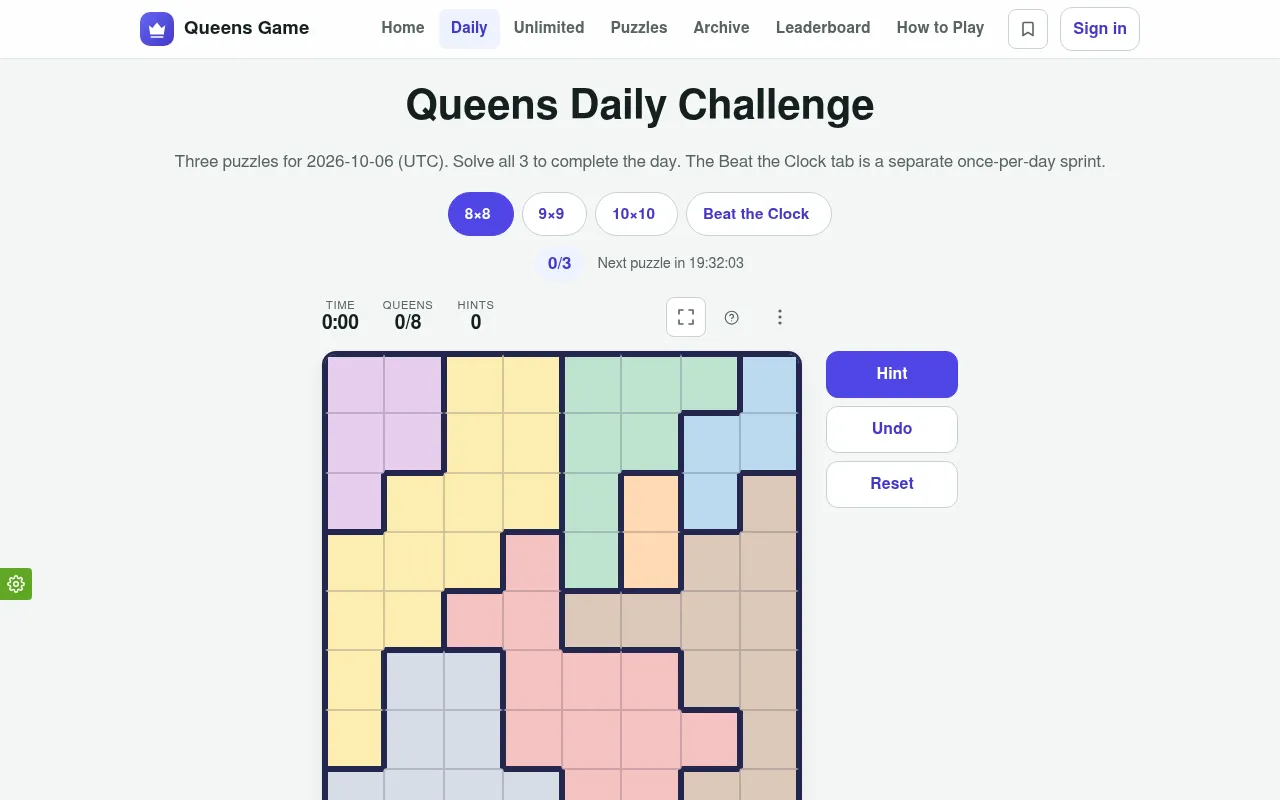 Queens Daily Challenge for 2026-10-06 (UTC): the 8x8 board of pastel colour regions, the 8x8, 9x9, 10x10 and Beat the Clock tabs, a 0 of 3 counter and Hint, Undo and Reset buttons