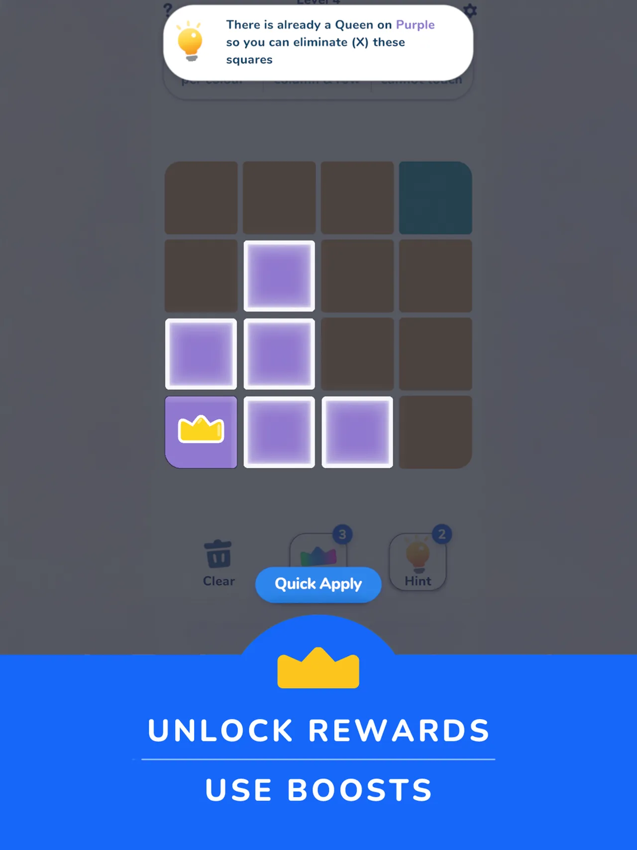 Queens Master hint explaining which squares can be crossed out on a small board