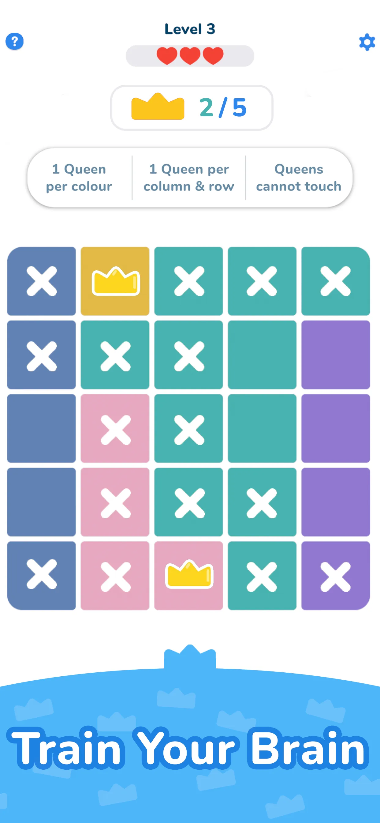 Queens Master on iPhone: a 5x5 board in colour zones with two crowns placed and crosses on blocked squares