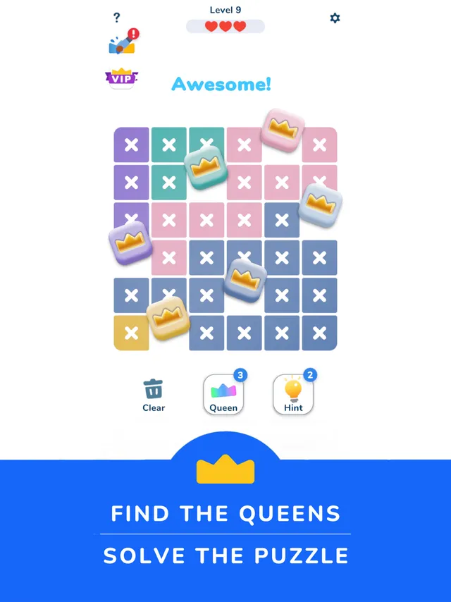 A solved Queens Master board with one crown in each colour zone and crosses on the other squares