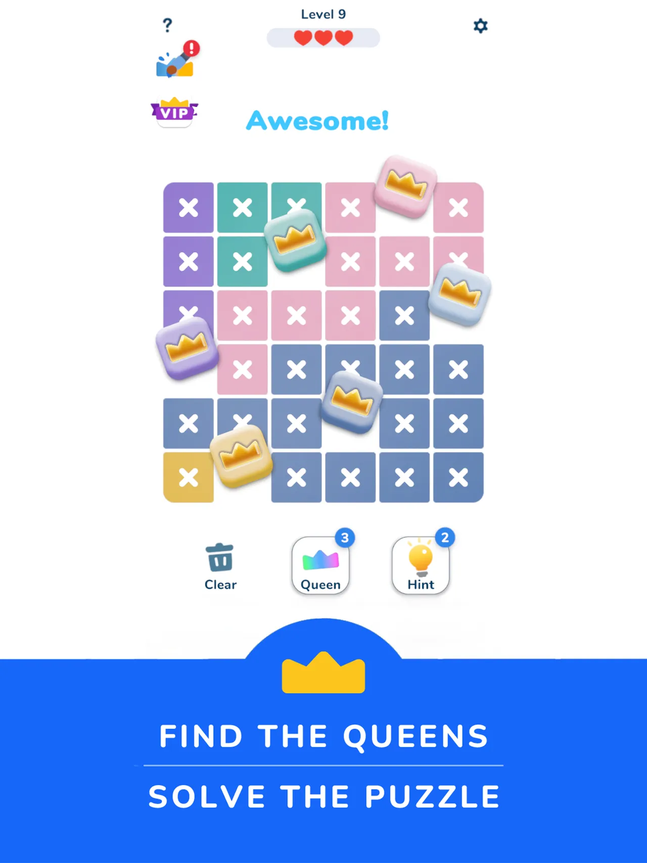 A solved Queens Master board with one crown in each colour zone and crosses on the other squares