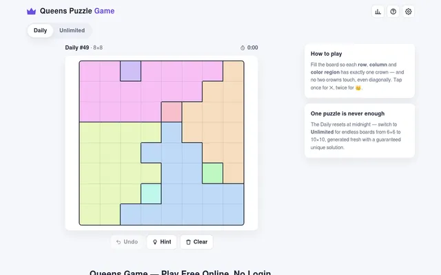 Queens Puzzle Game Daily #49: an empty 8x8 board of pastel colour regions with Undo, Hint and Clear below and a How to play note beside it