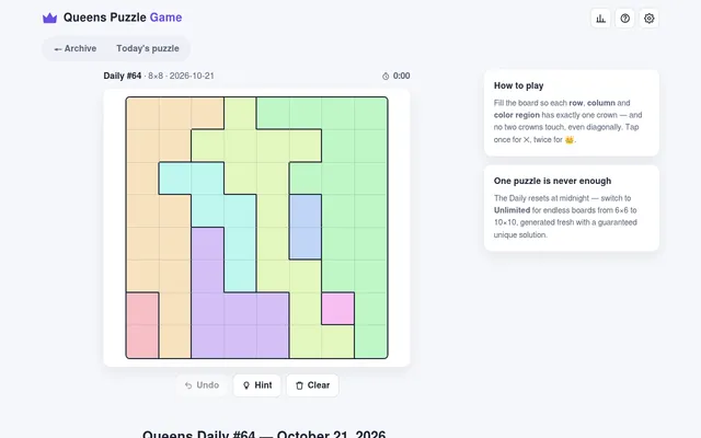 Queens Puzzle Game Daily #64 for 21 October 2026: an empty 8x8 board of pastel colour regions with Undo, Hint and Clear below and How to play beside it