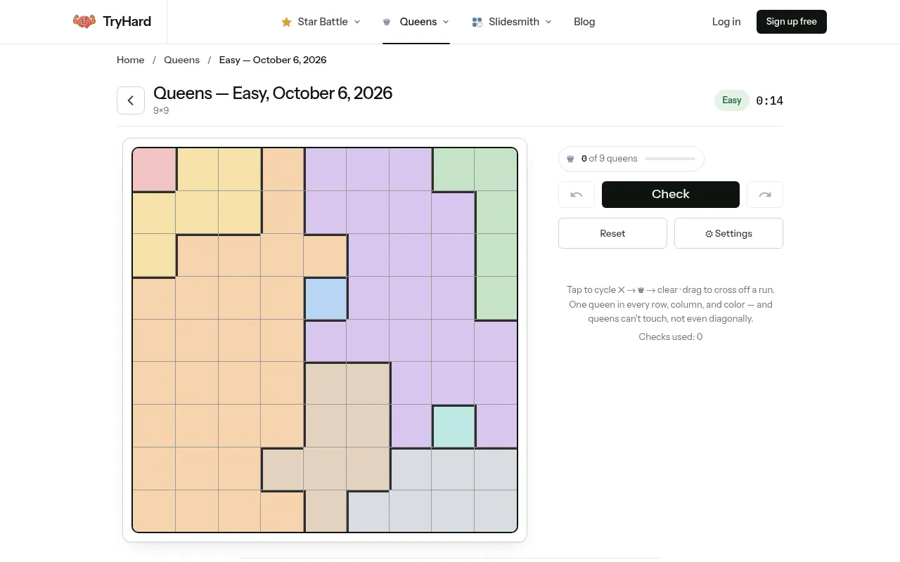 TryHard Puzzles' Queens, Easy, October 6, 2026: an empty 9x9 grid of pastel colour regions beside the 0 of 9 queens counter and the Check button
