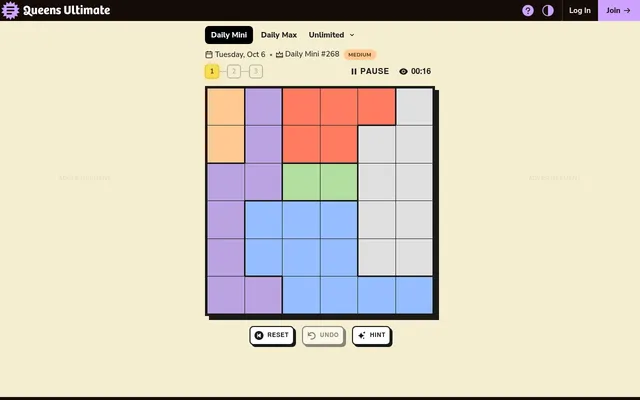 Queens Ultimate's Daily Mini #268 for Tuesday, Oct 6, marked Medium: level 1 of 3, an empty 6x6 grid of colour regions with Reset, Undo and Hint buttons