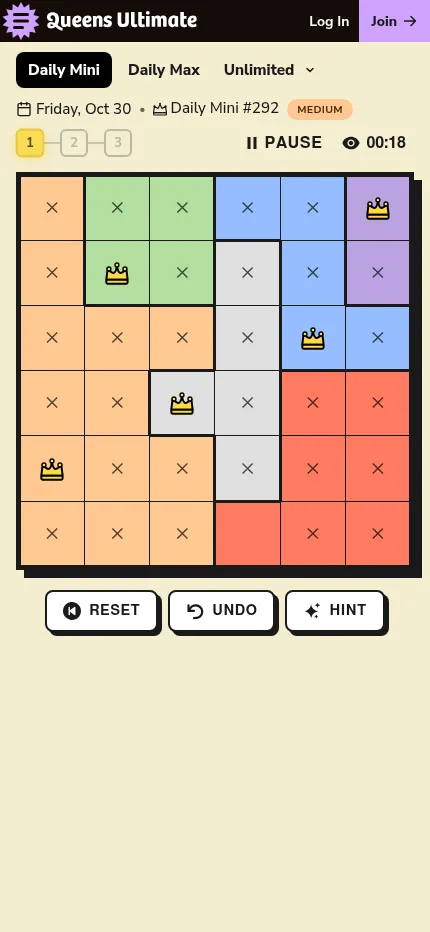 Daily Mini #292 at phone size, part solved: five crowns placed in the 6x6 grid and the cells they rule out crossed with an X