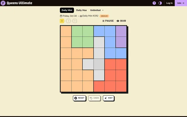Queens Ultimate's Daily Mini #292 for Friday, Oct 30, marked Medium: level 1 of 3, a 6x6 grid of seven colour regions with the timer running and Reset, Undo and Hint below