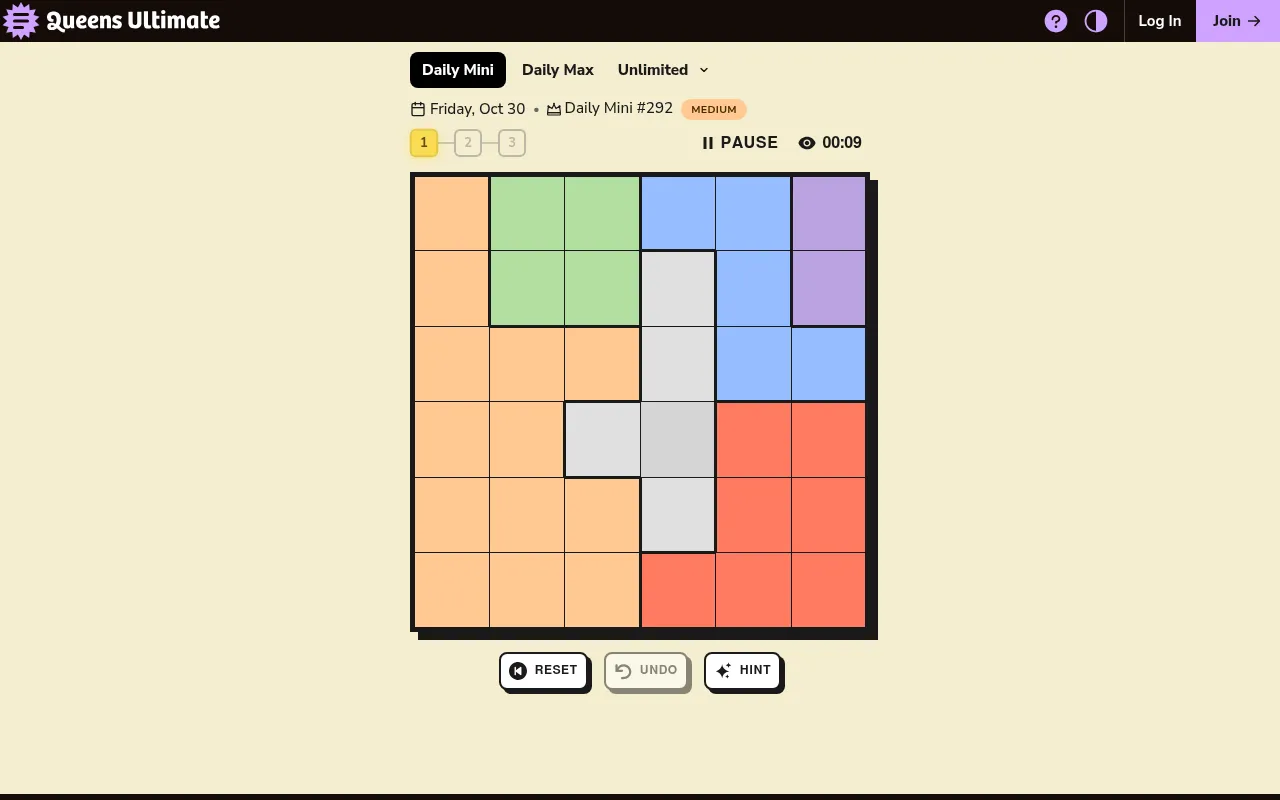 Queens Ultimate's Daily Mini #292 for Friday, Oct 30, marked Medium: level 1 of 3, a 6x6 grid of seven colour regions with the timer running and Reset, Undo and Hint below