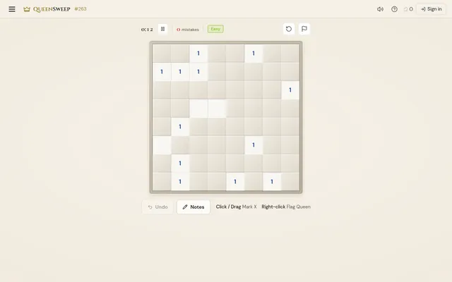 QueenSweep daily puzzle #263, an Easy 8x8 board with number clues revealed, timer, mistakes count and Undo and Notes buttons
