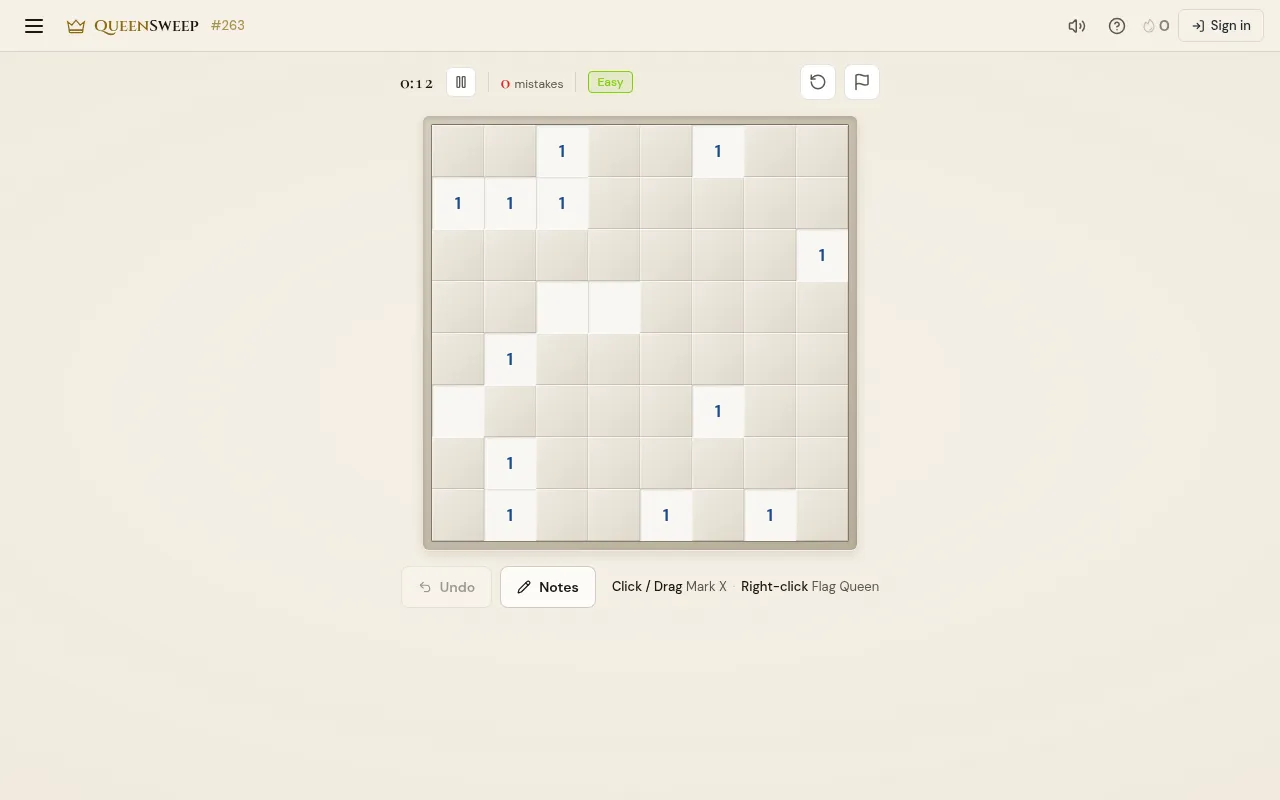QueenSweep daily puzzle #263, an Easy 8x8 board with number clues revealed, timer, mistakes count and Undo and Notes buttons