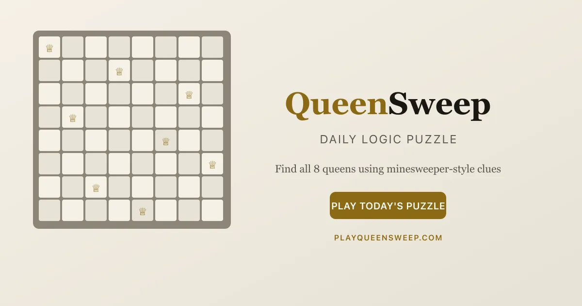 QueenSweep 8x8 board with eight queens placed, beside the game title