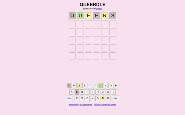 Today's six-letter Queerdle board on a pink background with a first guess, QUEENS, coloured green, yellow and grey above the on-screen keyboard