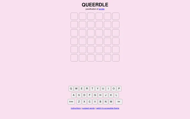 The Queerdle board on a pink background: a six-letter grid of six rows above an on-screen keyboard