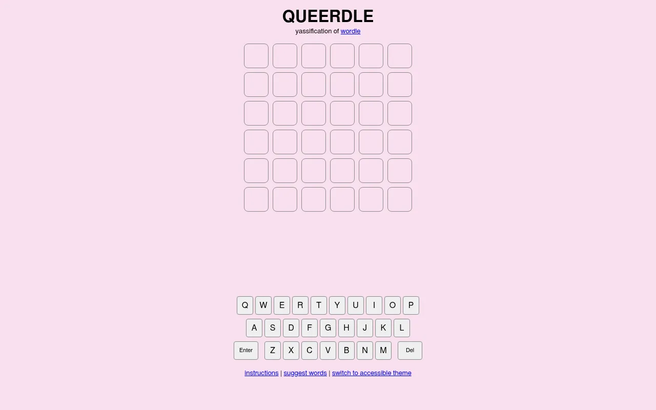 The Queerdle board on a pink background: a six-letter grid of six rows above an on-screen keyboard