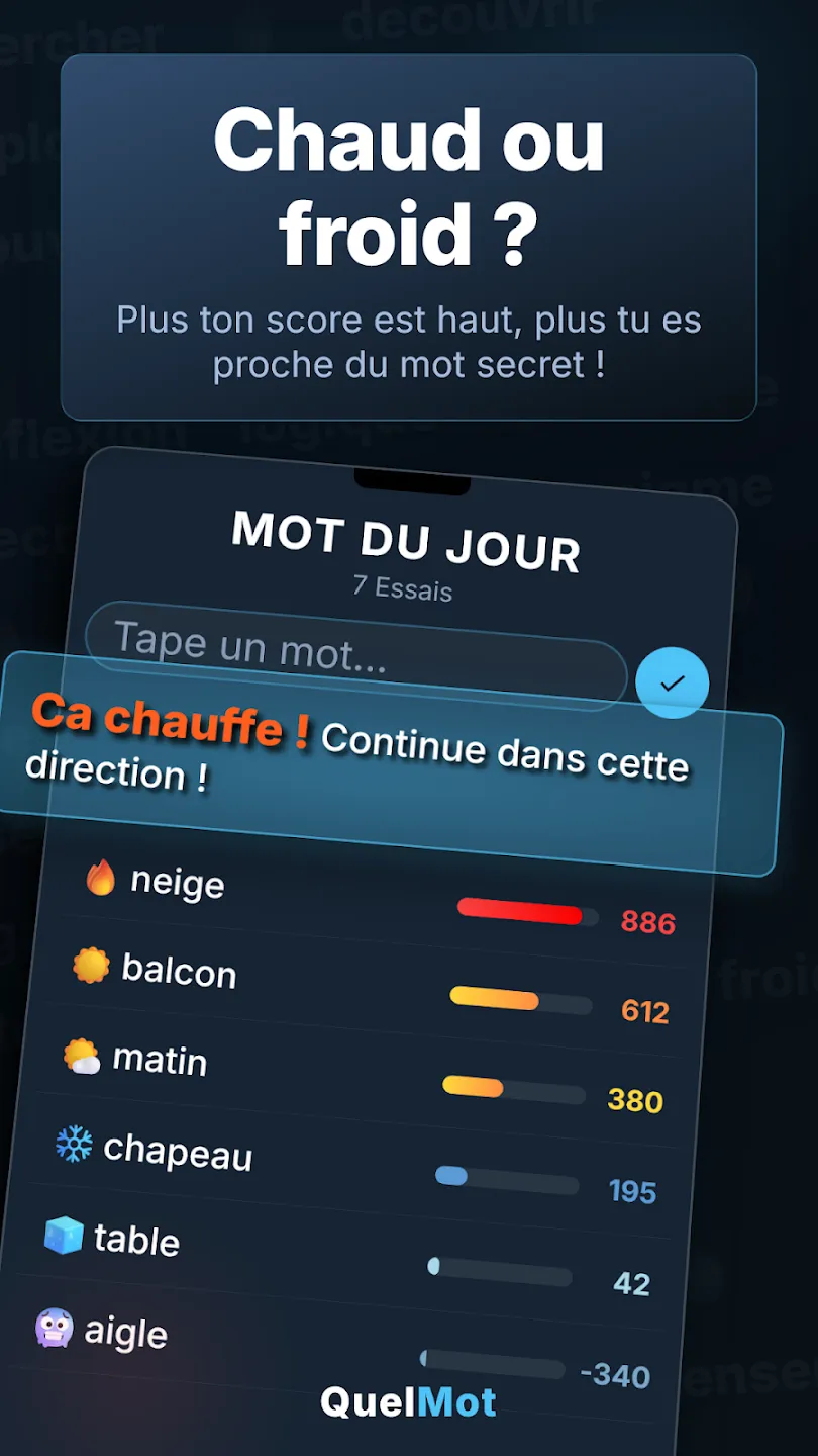 QuelMot Mot du jour on a phone after 7 guesses, with neige scoring 886 at the top and the message Ca chauffe