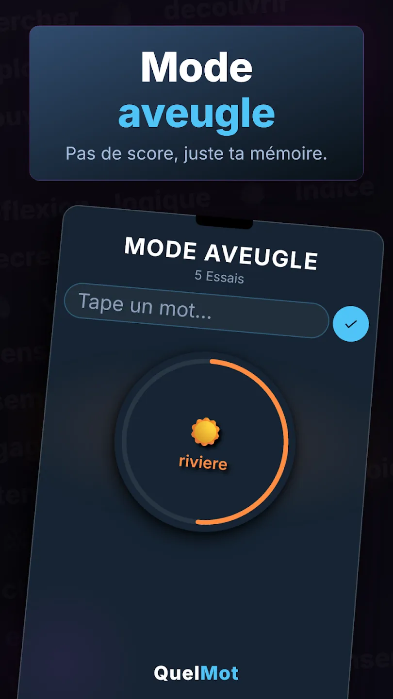 QuelMot blind mode with no scores, only a circular gauge around the guess riviere