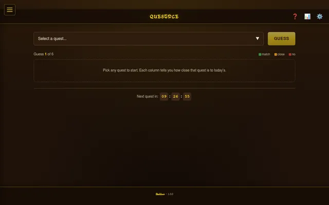 Questdle before the first guess: the QUESTDLE title, a Select a quest dropdown with a Guess button, Guess 1 of 6, a match, close and no colour key, and the countdown to the next quest