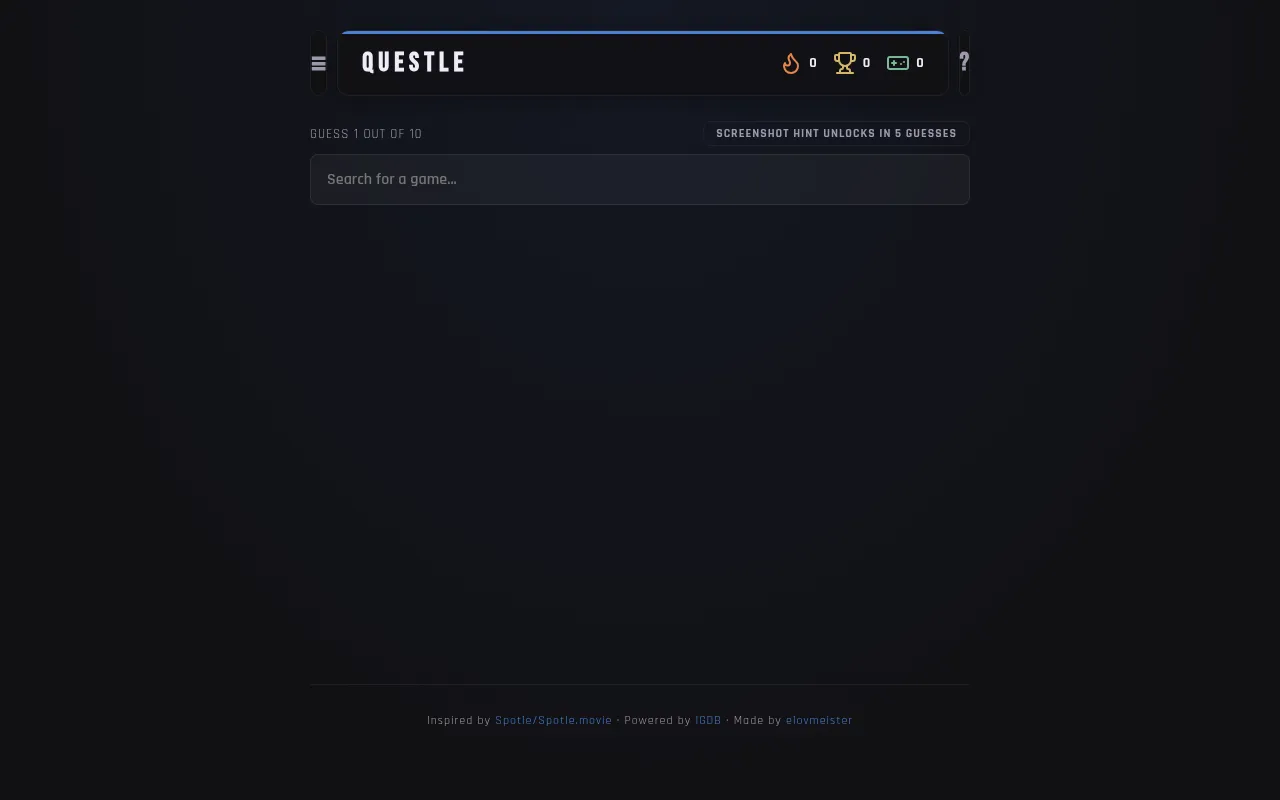 Questle's daily game screen: guess 1 out of 10, a search box for a game, a screenshot hint counter and streak and win counters