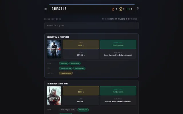 Questle on a desktop at guess 4 of 10: Uncharted 4 and The Witcher 3 compared with the secret game on year, rating, perspective, publisher, genre, mode and platform