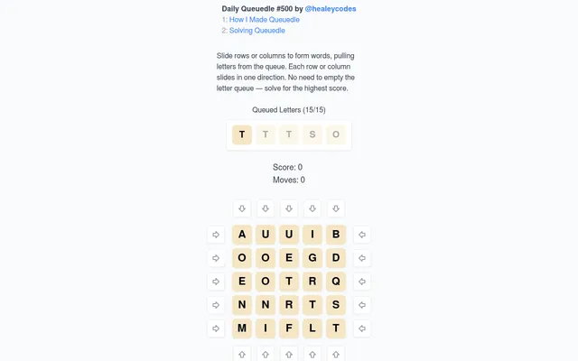Daily Queuedle #500: a queue of letters T, T, T, S, O above a 5 by 5 letter grid with slide arrows on its edges, score 0