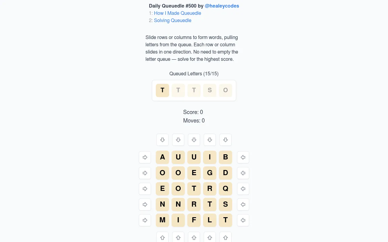 Daily Queuedle #500: a queue of letters T, T, T, S, O above a 5 by 5 letter grid with slide arrows on its edges, score 0
