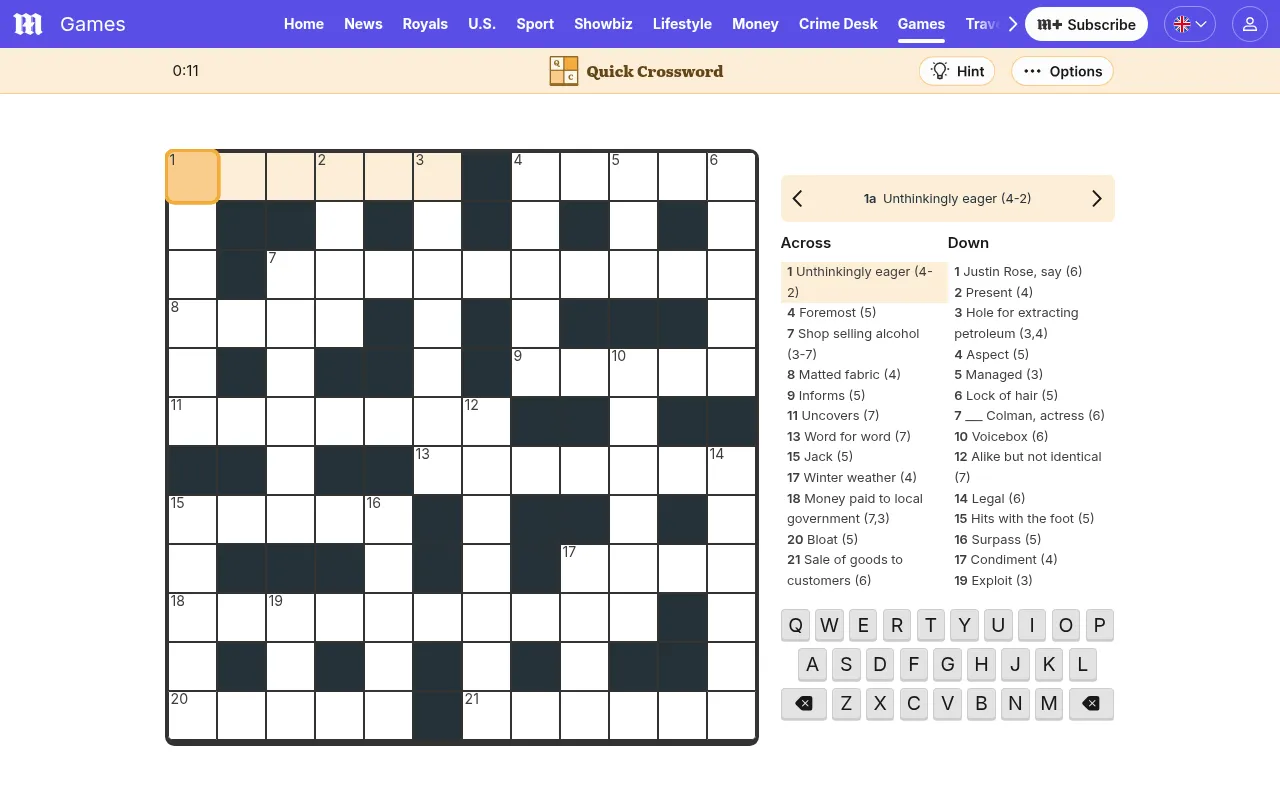 Daily Mail Quick Crossword for 7 October 2026 in play: the empty 12 by 12 grid with 1 Across highlighted, Unthinkingly eager (4-2), beside the full Across and Down clue lists and an on-screen keyboard