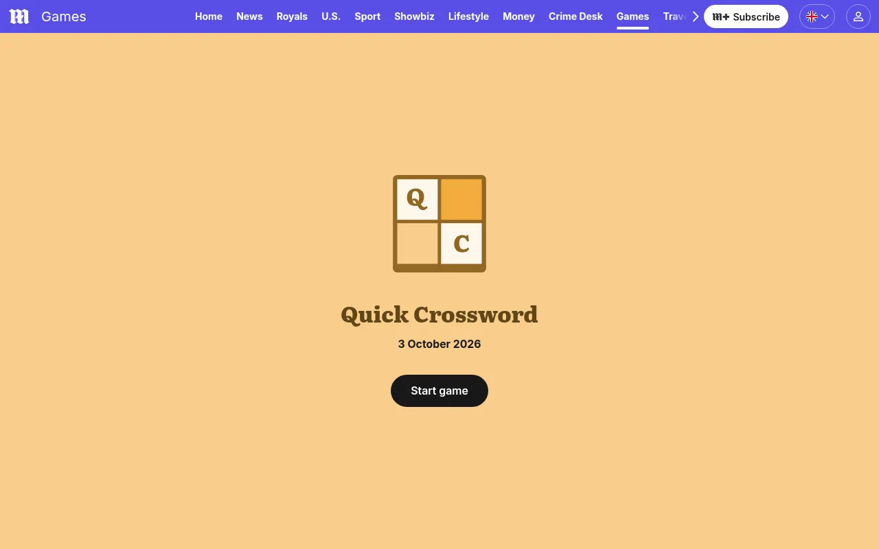 The Quick Crossword start screen on the Daily Mail games page: the game's own icon and name, the date 3 October 2026 and a button to start the day's puzzle