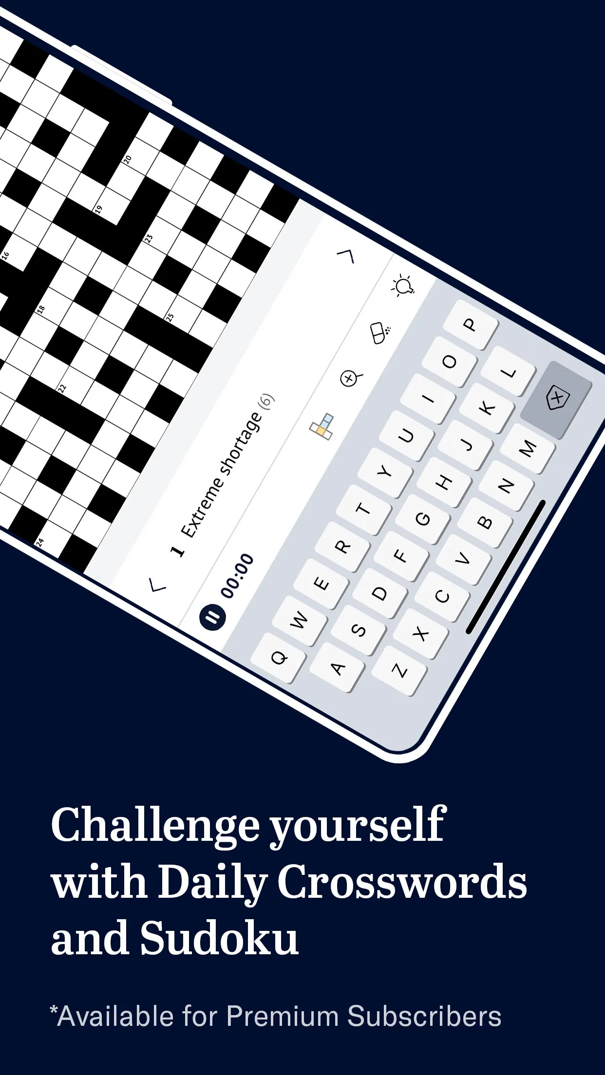 The Herald app's full-size crossword grid on a phone, with the straight clue 1 Extreme shortage (6), a timer at 00:00 and hint tools above the keyboard