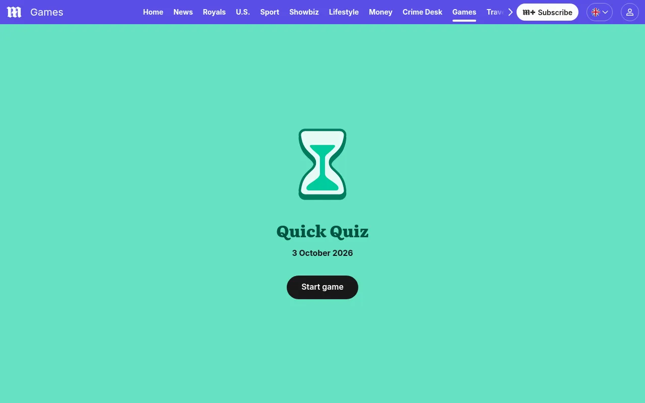 The Quick Quiz start screen on the Daily Mail games page: the game's hourglass icon and name, the date 3 October 2026 and a button to start the day's quiz