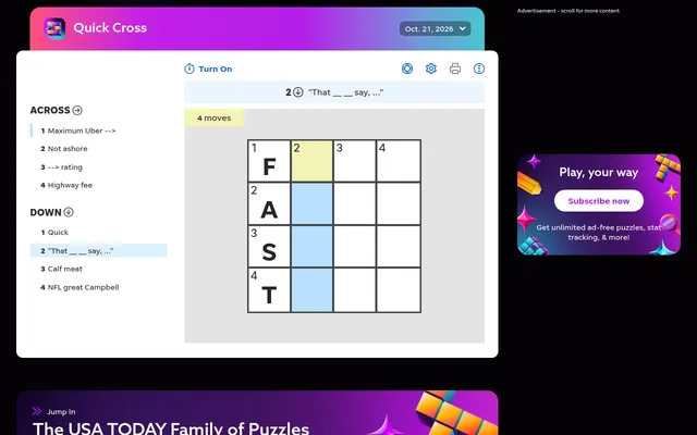 Quick Cross in play on desktop: the 21 Oct 2026 4x4 grid with FAST typed down the first column, the clue list and a 4 moves counter