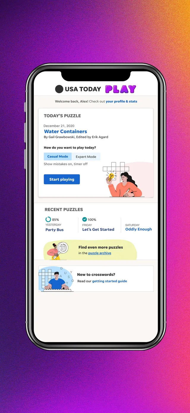 USA TODAY PLAY app home screen with today's puzzle, a start button and recent puzzles
