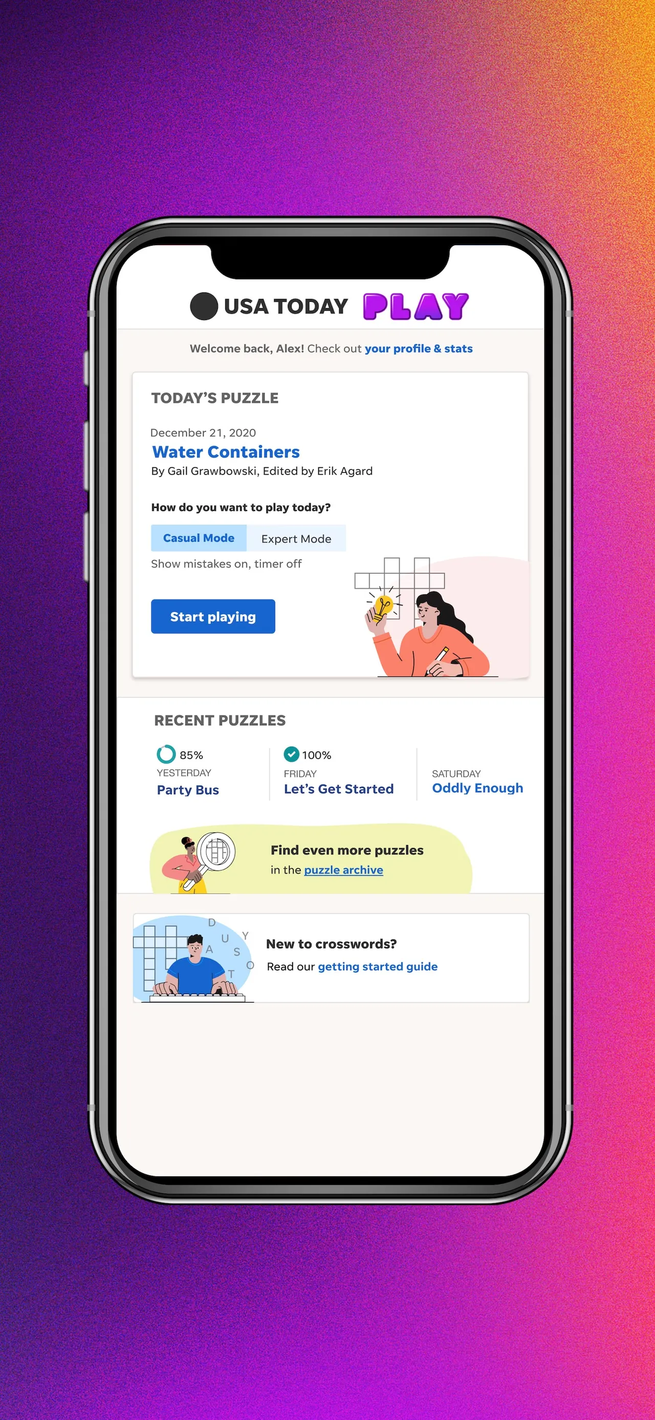 USA TODAY PLAY app home screen with today's puzzle, a start button and recent puzzles