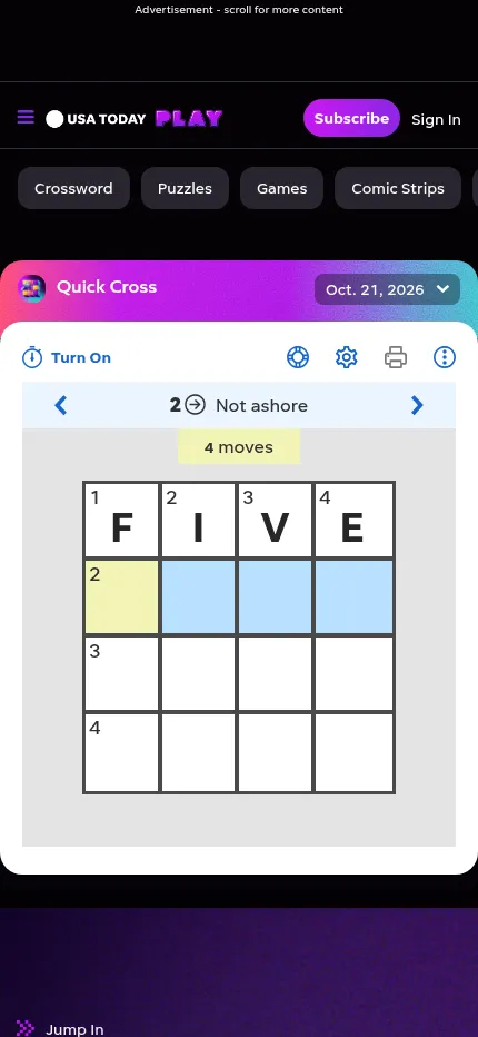 Quick Cross in play on a phone: the 21 Oct 2026 4x4 grid with FIVE typed across the top row and the clue Not ashore selected