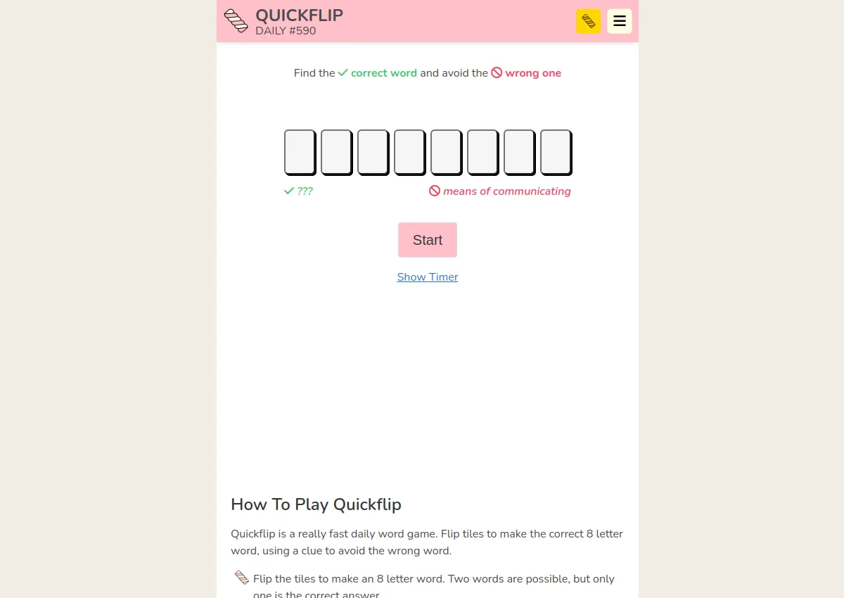 Quickflip daily puzzle: eight blank letter tiles with a clue for the wrong word and a Start button