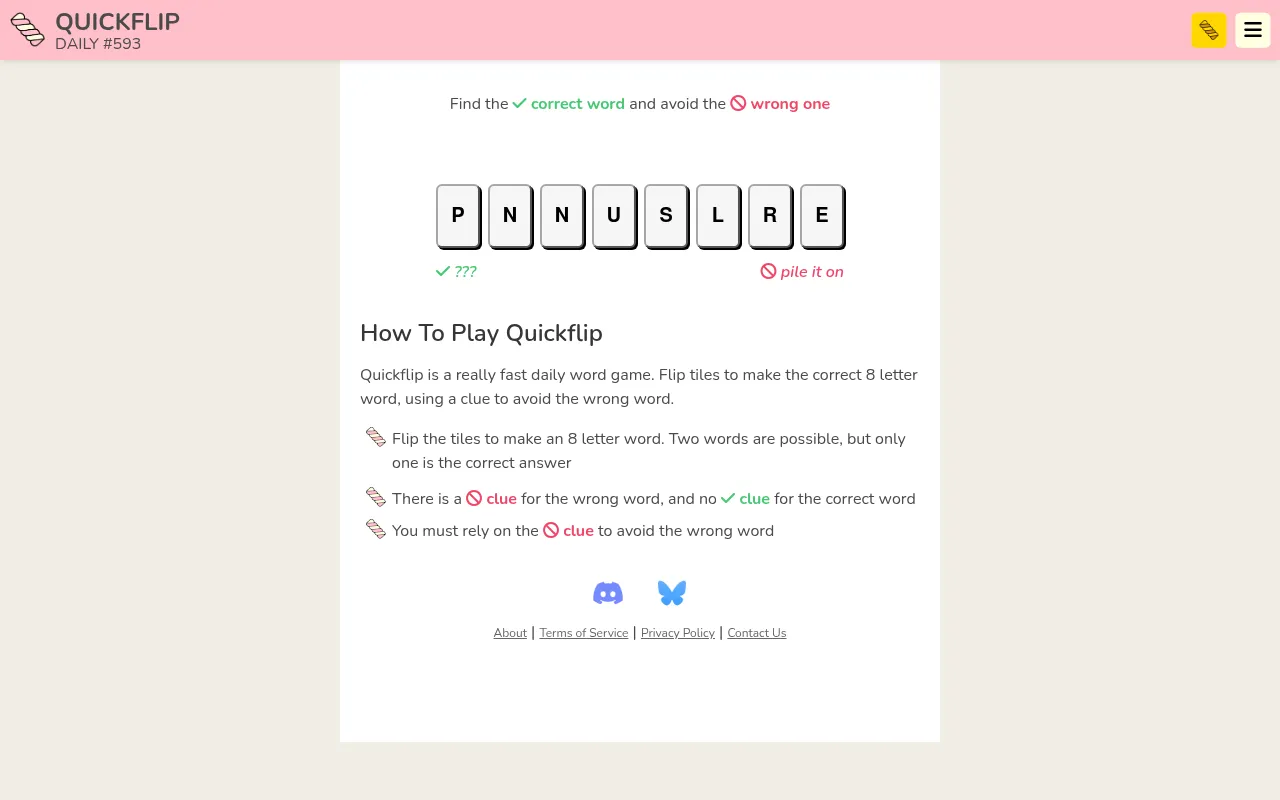 Quickflip Daily #593: eight letter tiles P N N U S L R E to flip into a word, with the wrong word's clue pile it on