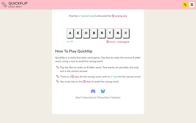 Quickflip Daily #607 board: eight letter tiles A E O B R T N C to flip, the correct word shown as ??? and the wrong word's clue music, unplugged