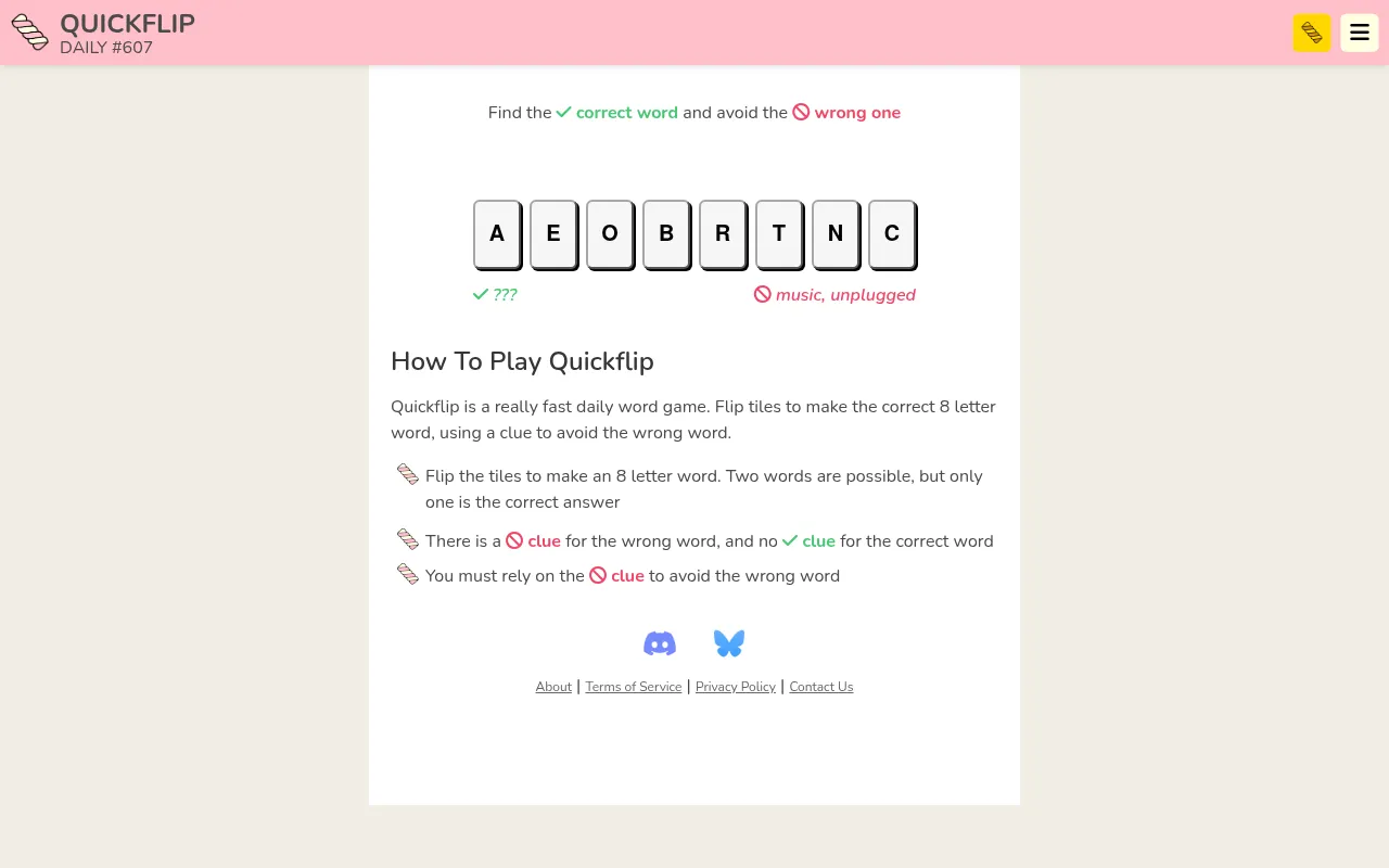 Quickflip Daily #607 board: eight letter tiles A E O B R T N C to flip, the correct word shown as ??? and the wrong word's clue music, unplugged