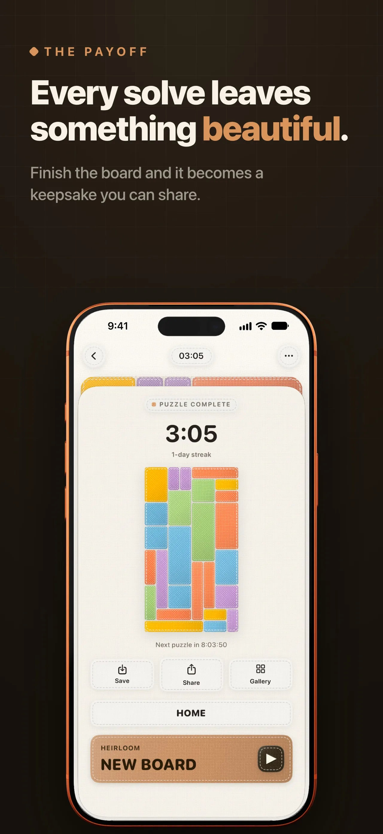 Quilt puzzle complete card: solved in 3:05 with a 1-day streak, the finished patchwork, and next puzzle in 8:03:50