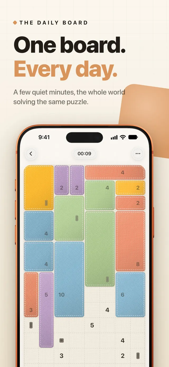 Quilt daily board at 00:09, mostly covered in coloured fabric patches in yellow, purple, coral, green and blue, with number clues in the empty cells below