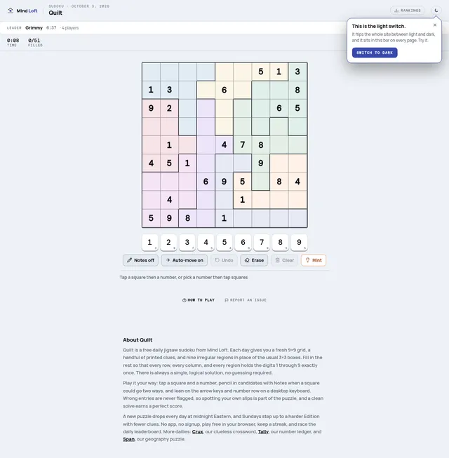 Quilt on Mind Loft for October 3, 2026: a 9x9 jigsaw sudoku with nine irregular pastel-coloured regions and printed digits, above a number pad and Notes, Auto-move, Undo, Erase, Clear and Hint buttons