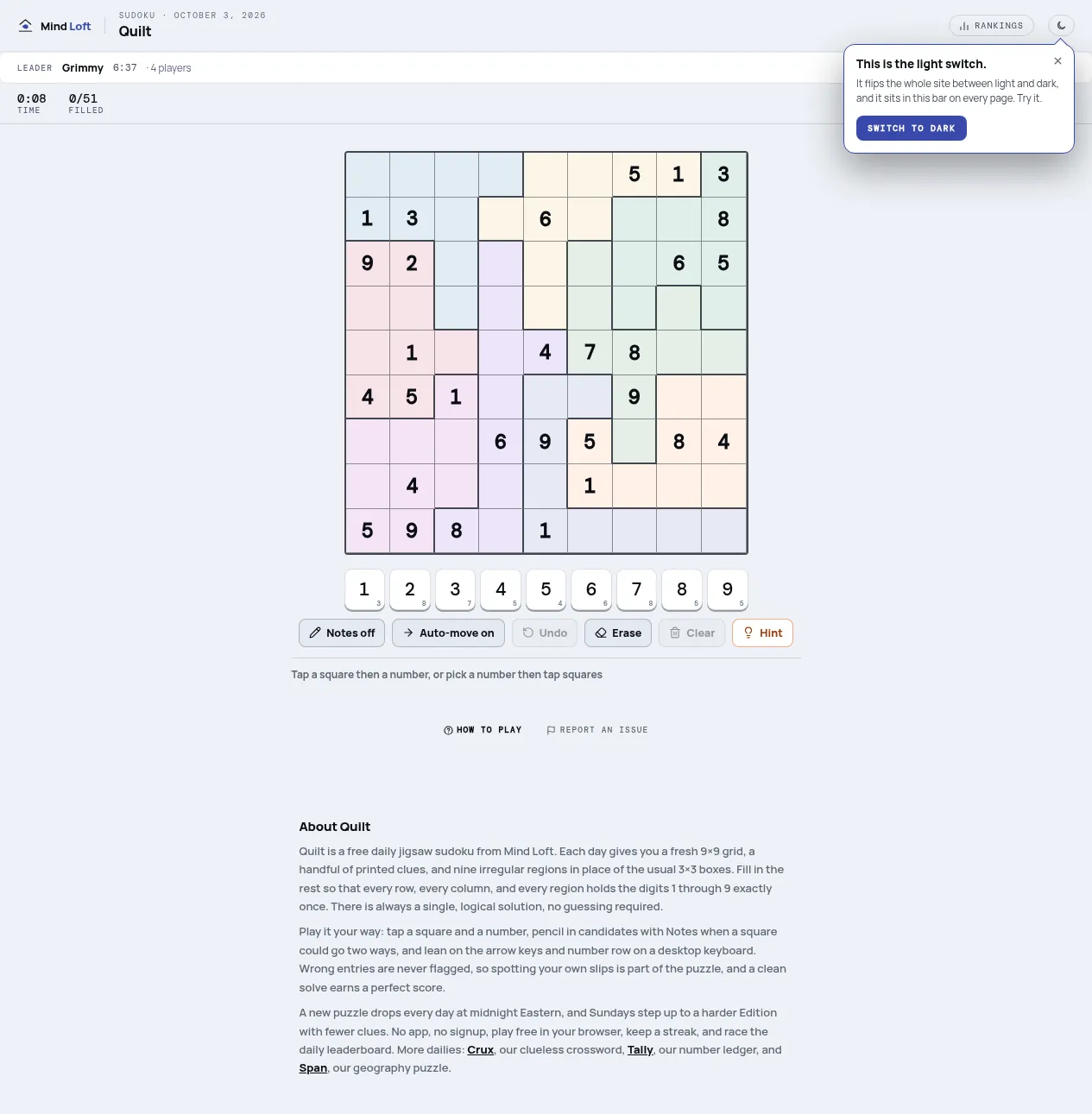 Quilt on Mind Loft for October 3, 2026: a 9x9 jigsaw sudoku with nine irregular pastel-coloured regions and printed digits, above a number pad and Notes, Auto-move, Undo, Erase, Clear and Hint buttons