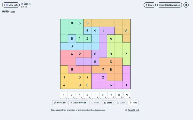 Quilt on Mind Loft for October 30, 2026: today's 9x9 jigsaw sudoku with nine crooked pastel regions and 31 printed digits, above the number pad and Notes, Auto-move, Erase and Hint buttons