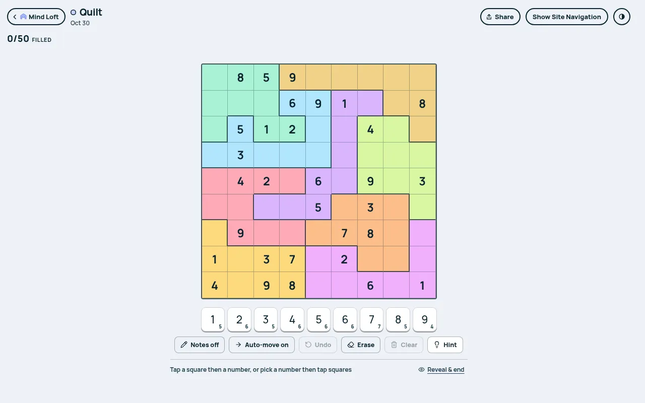 Quilt on Mind Loft for October 30, 2026: today's 9x9 jigsaw sudoku with nine crooked pastel regions and 31 printed digits, above the number pad and Notes, Auto-move, Erase and Hint buttons