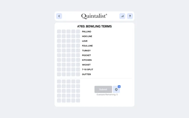Quintalist #783, Bowling Terms: ten choices such as Pallino, Hog Line, Turkey, 7-10 Split and Gutter beside rows of guess boxes, with Submit, a hint bulb and five guesses remaining