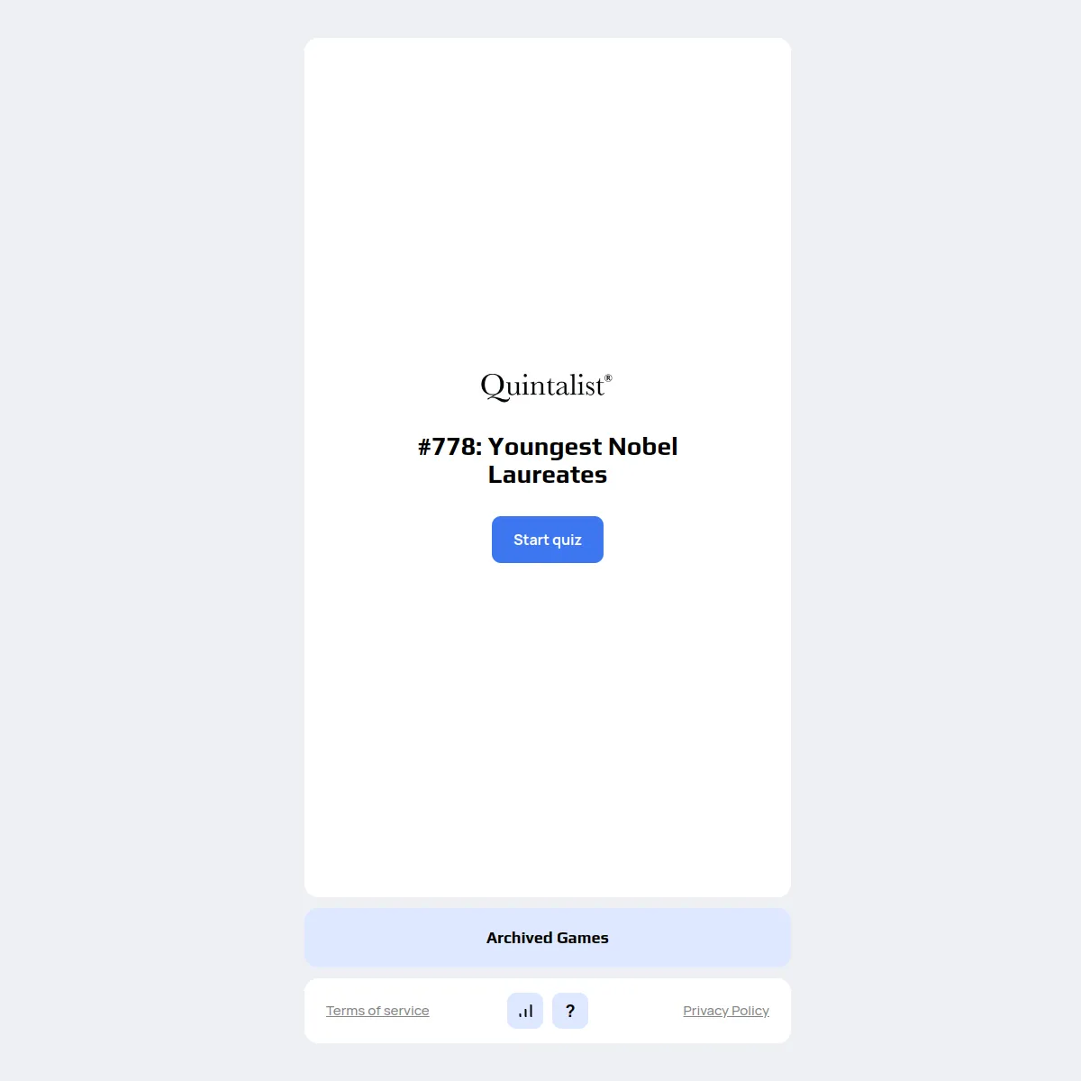 Quintalist start card for puzzle #778, Youngest Nobel Laureates, with a Start quiz button and an Archived Games link