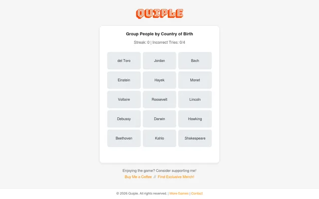 Quiple board for the theme Group People by Country of Birth: fifteen boxes with names such as Bach, Monet, Einstein, Lincoln and Kahlo, streak and incorrect tries shown above