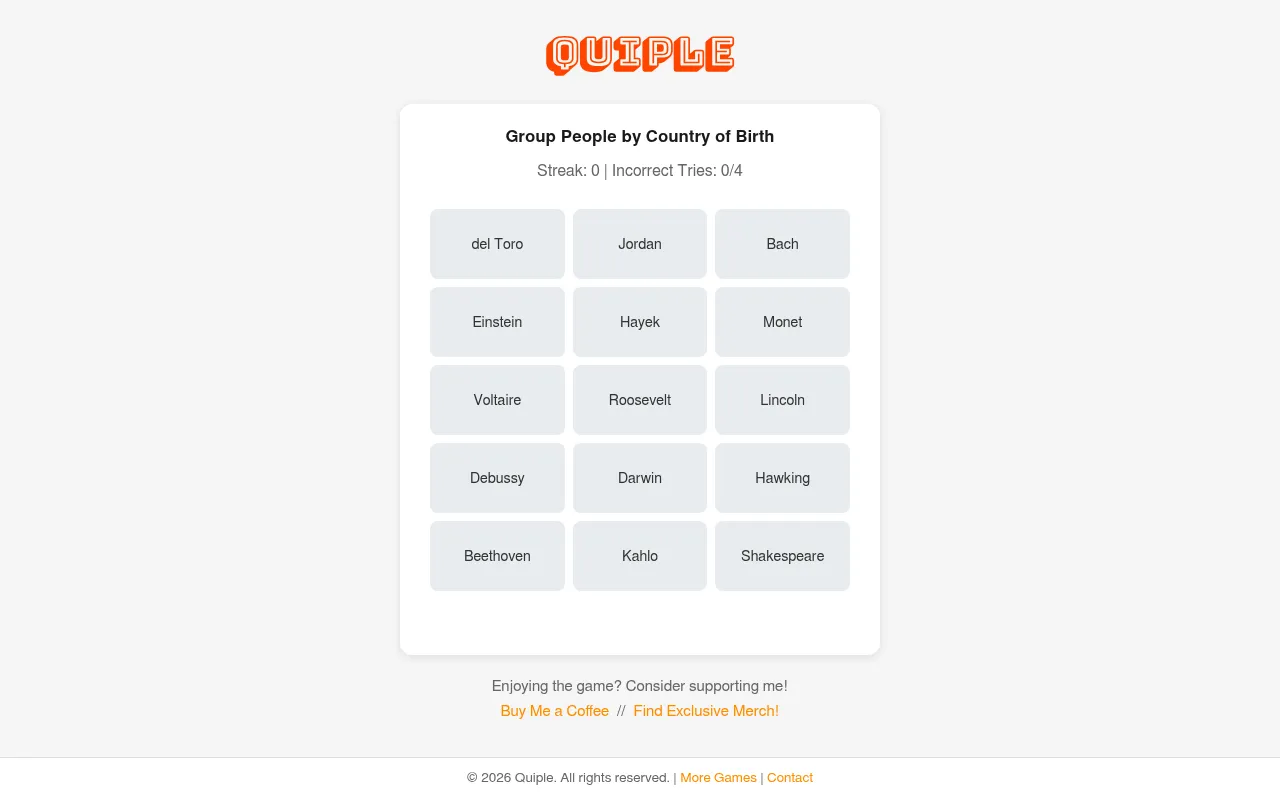 Quiple board for the theme Group People by Country of Birth: fifteen boxes with names such as Bach, Monet, Einstein, Lincoln and Kahlo, streak and incorrect tries shown above
