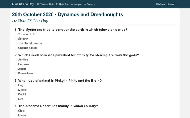 Today's Quiz of the Day for 26 October 2026, Dynamos and Dreadnoughts, with the first four of its ten multiple-choice questions on screen