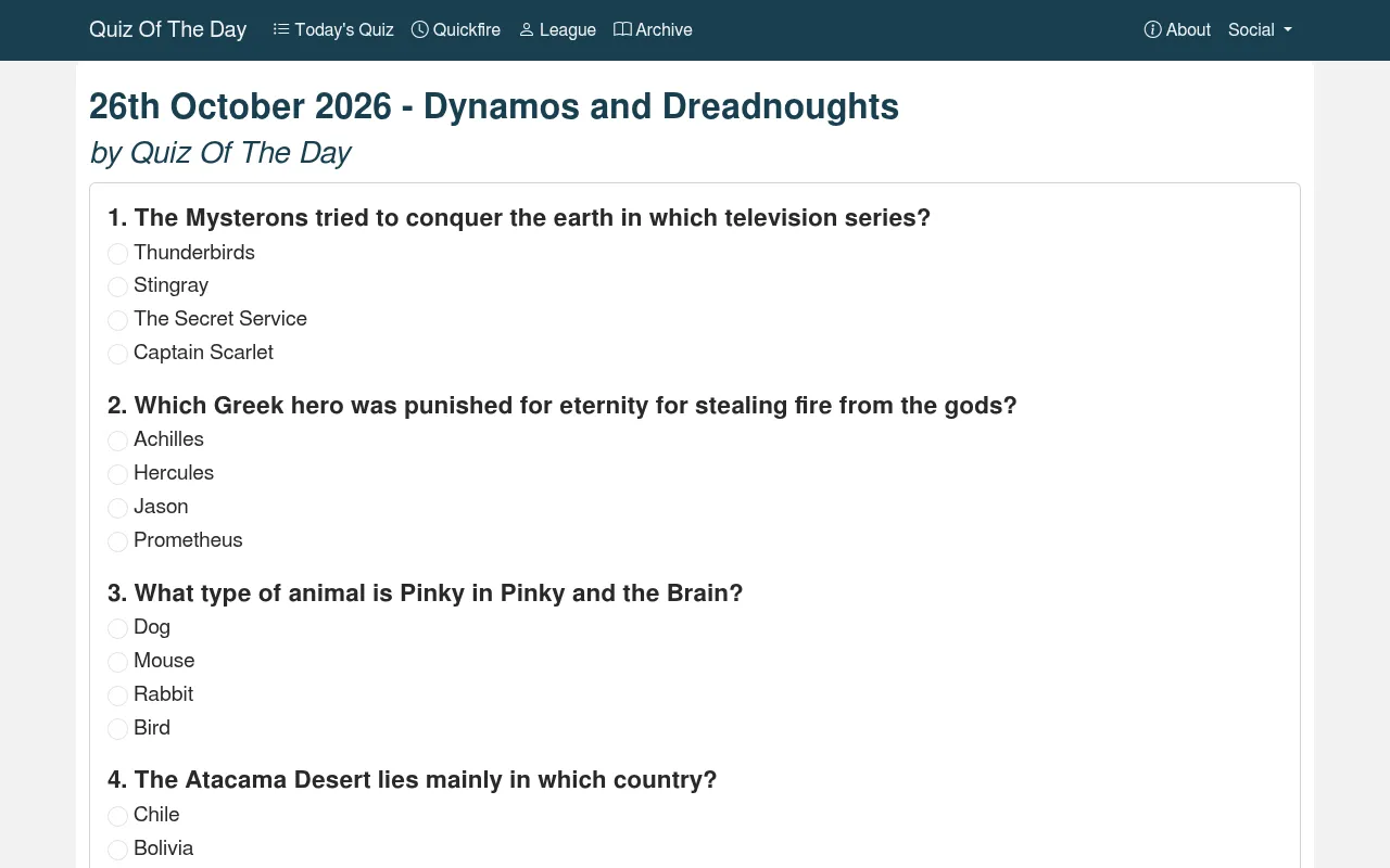 Today's Quiz of the Day for 26 October 2026, Dynamos and Dreadnoughts, with the first four of its ten multiple-choice questions on screen