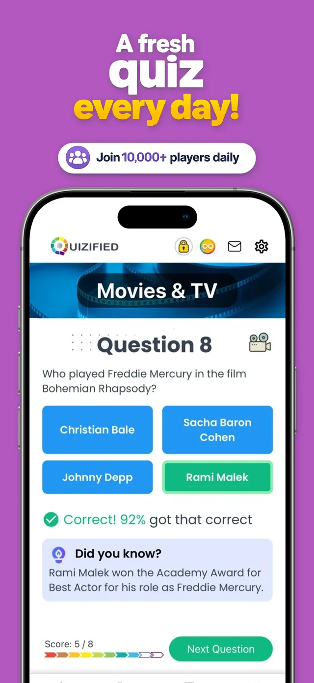 Quizified question 8 in the Movies and TV category with four answers and a fact after the correct one